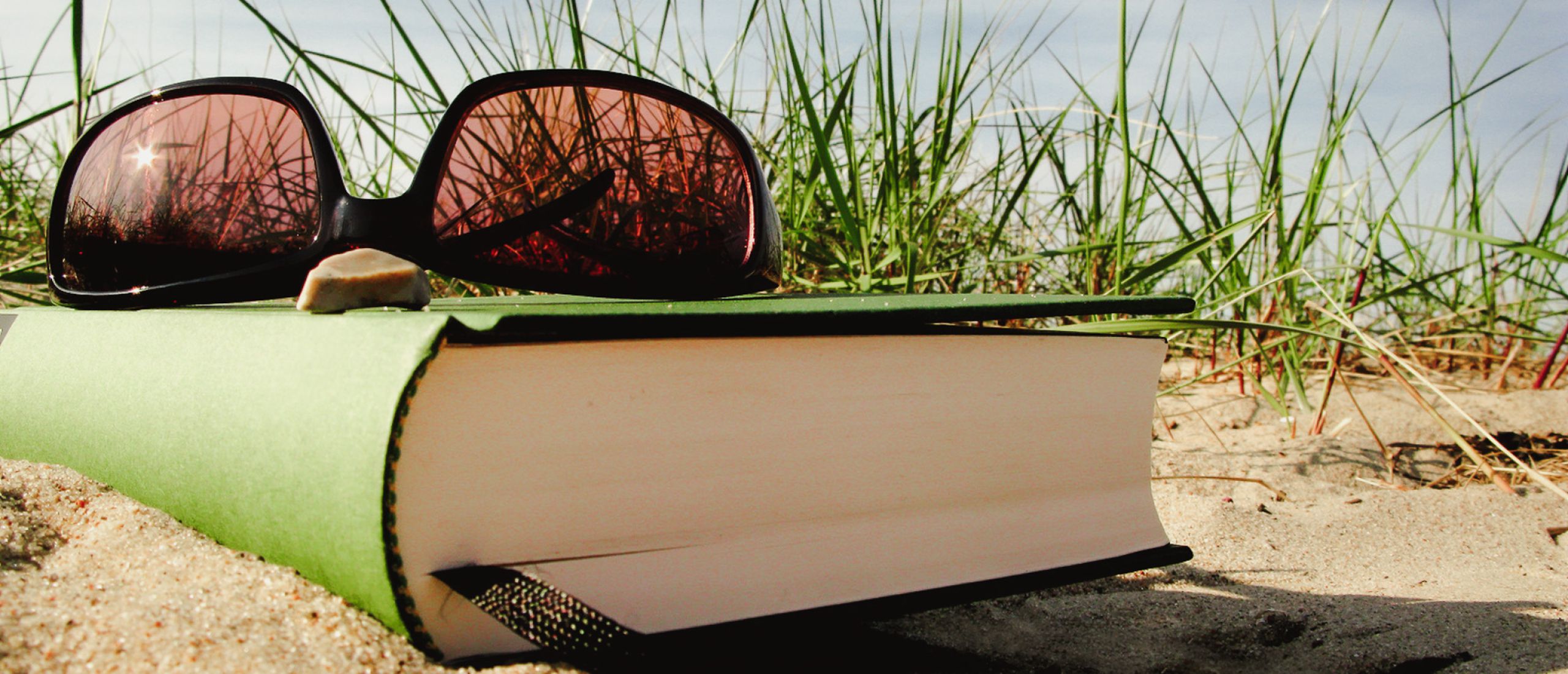 Sonnenbrille liegt auf einem Buch, das im Sand zwischen Gras am Strand von Norddeich platziert ist.