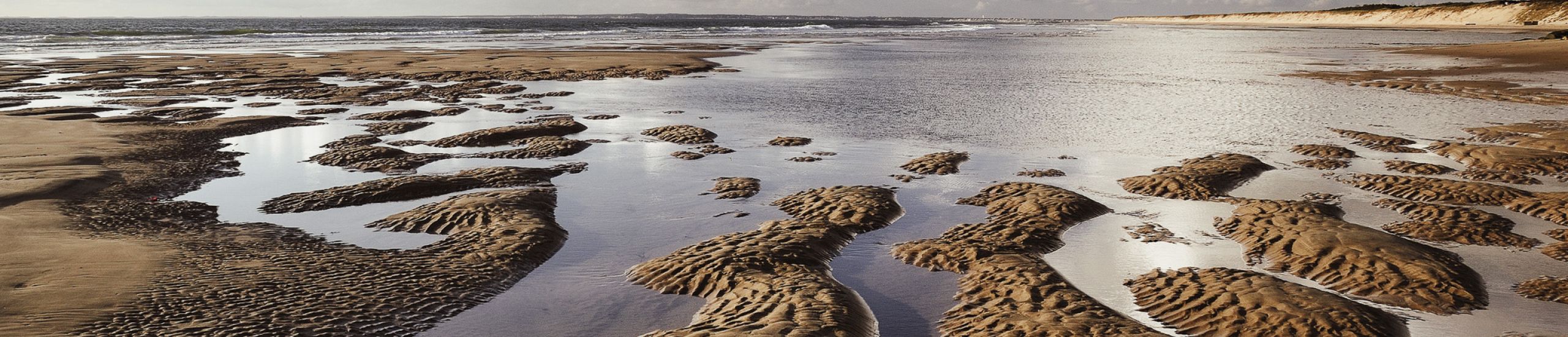 Weitläufiger Strand mit muschelbedecktem Sand und Wolken über der Nordsee, ideal zum Entspannen und Erkunden.
